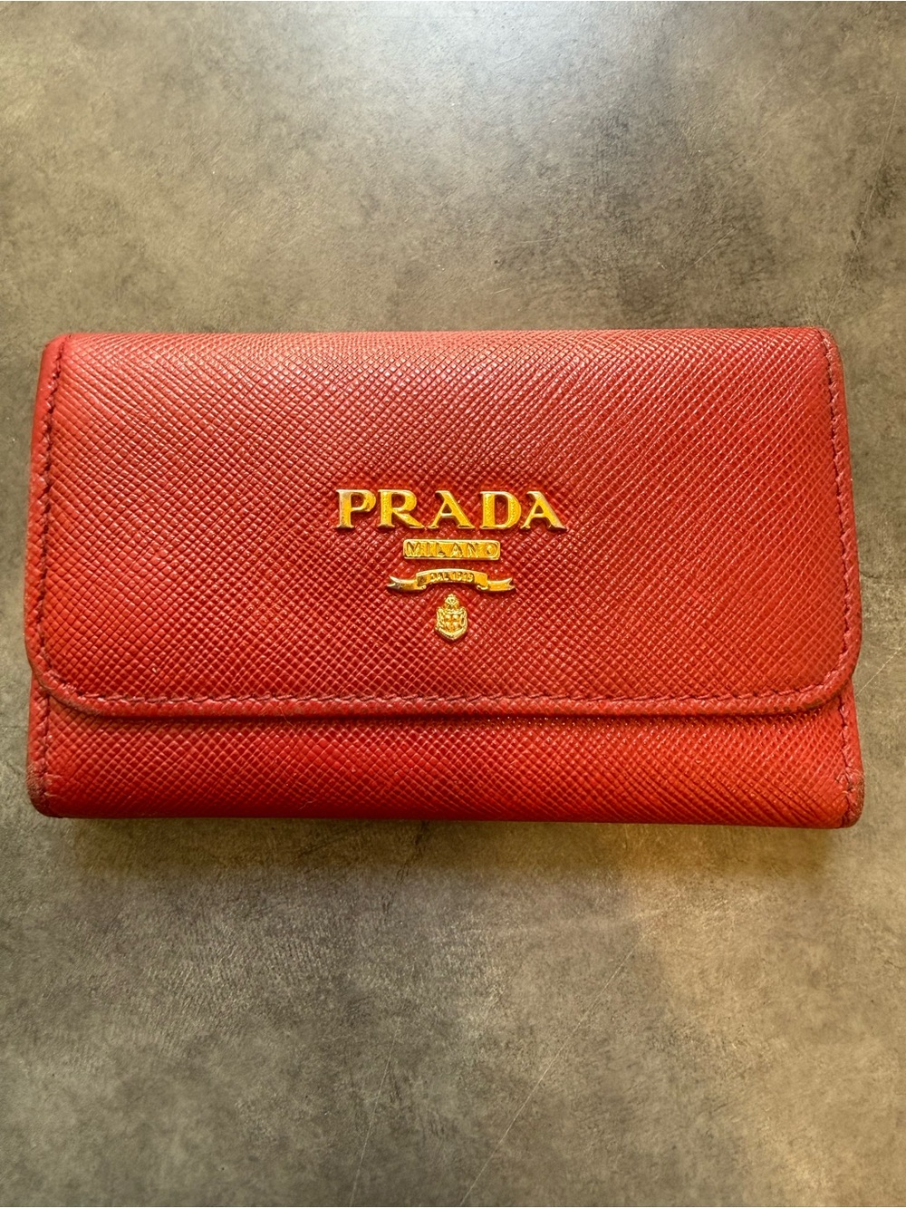 Prada Red Saffiano Leather Key & Card Holder with Gold Logo